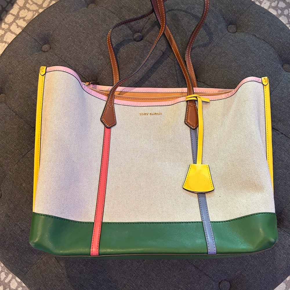 Tory Burch Cream and Pink Tote Bag with Structured Design